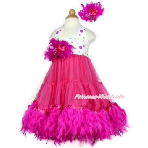 Hot Pink White Rainbow Polka Dots ONE-PIECE Petti Dress with Hot Pink Posh Feather & Hot Pink Feather Crystal Rose Bow With Accessory 2PC Set LP33 